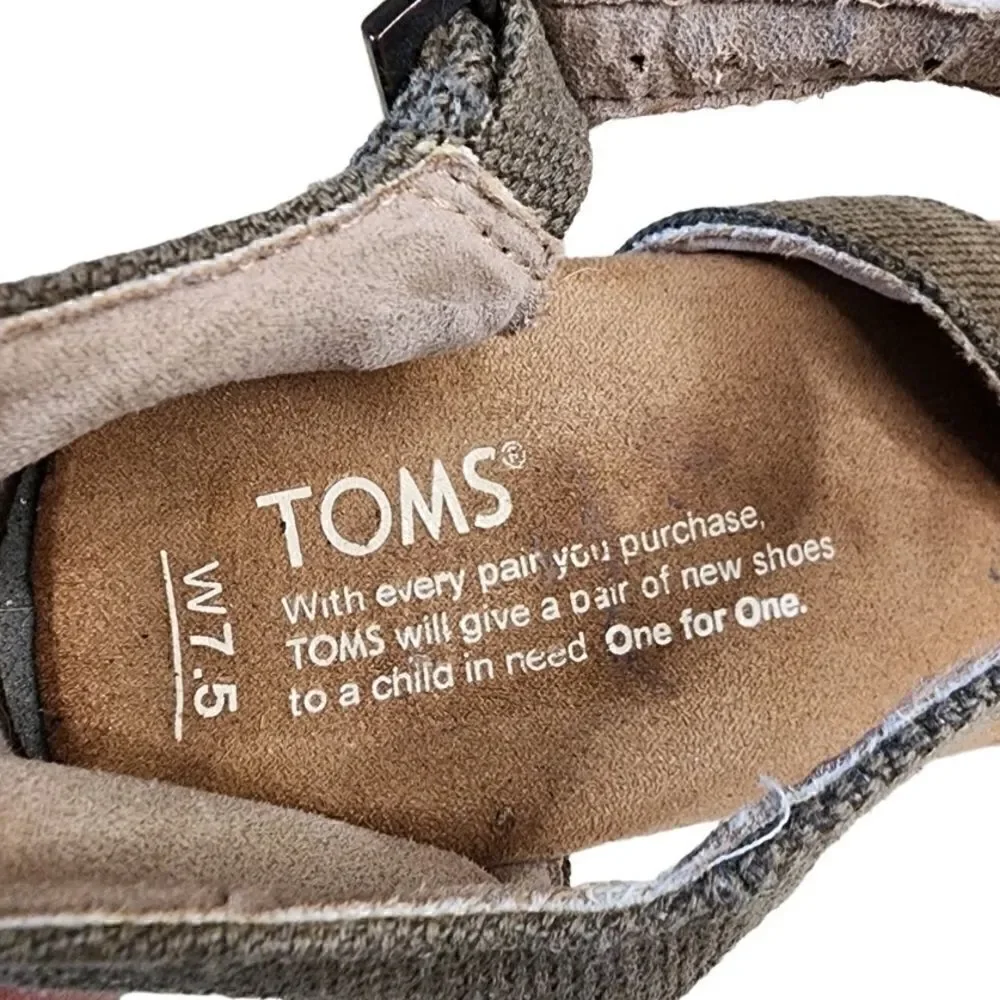 Toms- Clarissa Weaved Jute Wedges Olive Green Strappy, Size 7.5